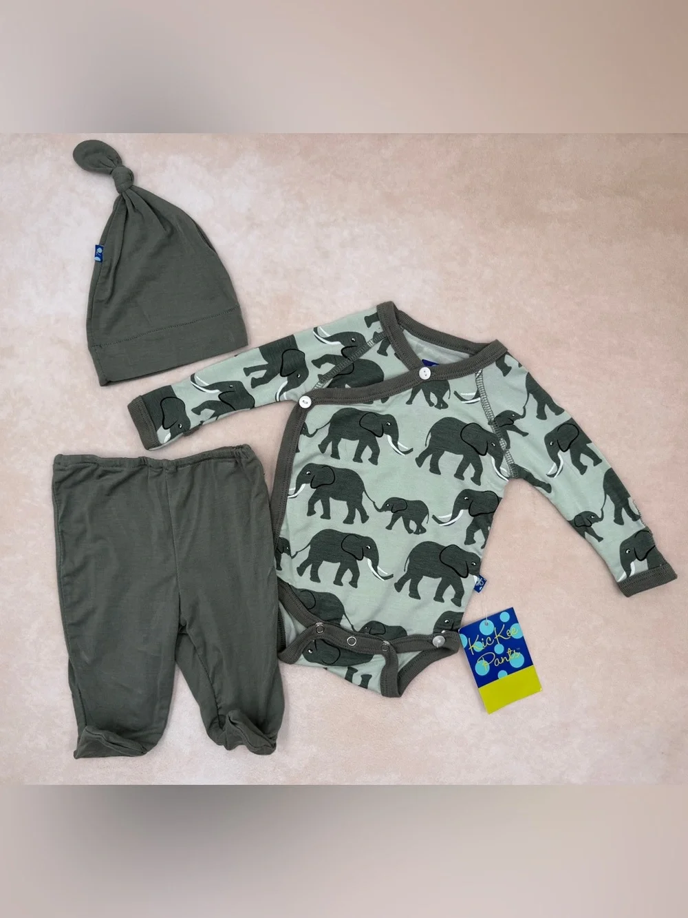 🆕 Kickee Pants Olive Green Elephant Print 3-Piece Baby Set